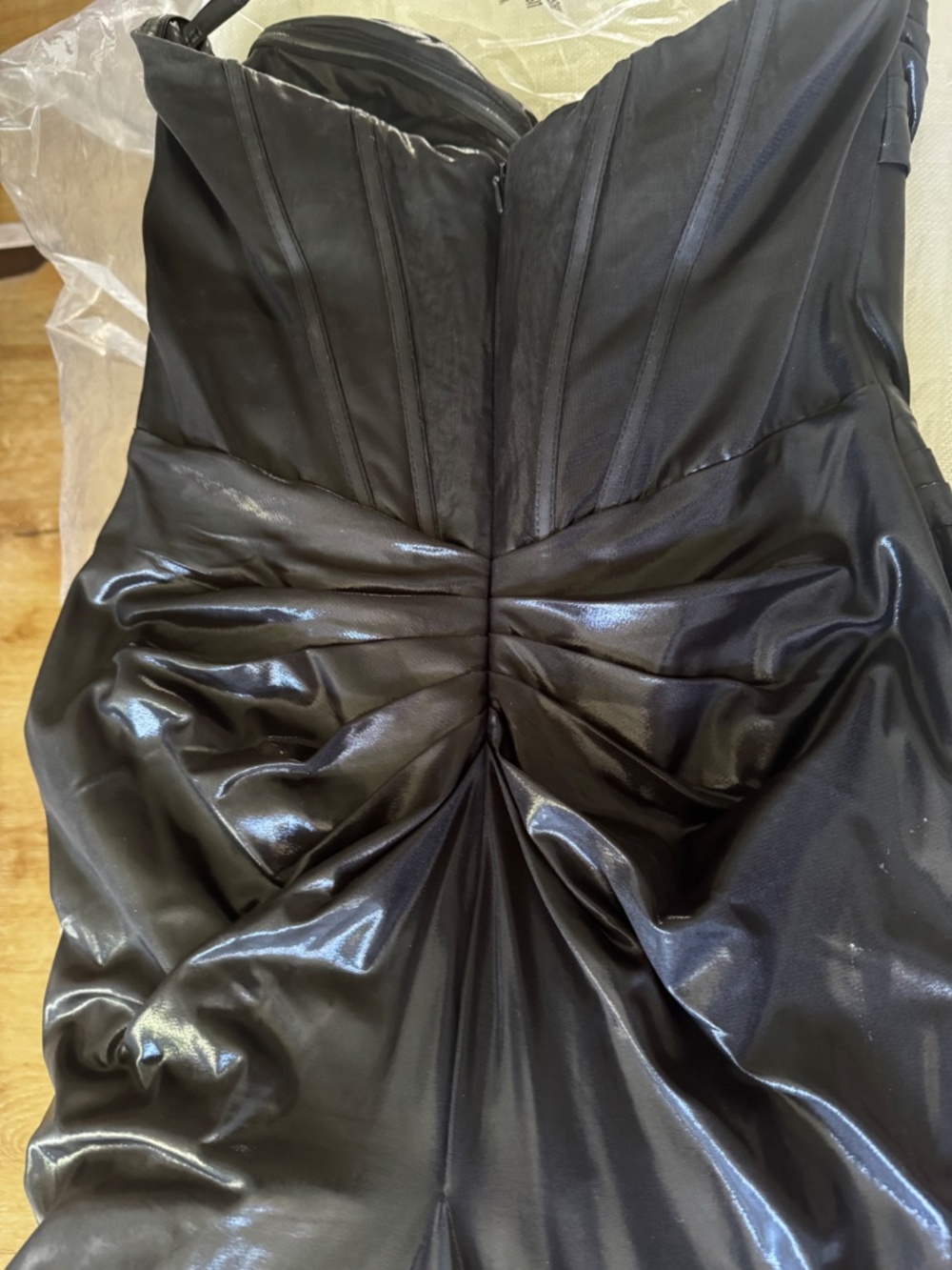 Sherri Hill Metallic Black Strapless Gown/long train Sz 8 - Picture 5 of 7